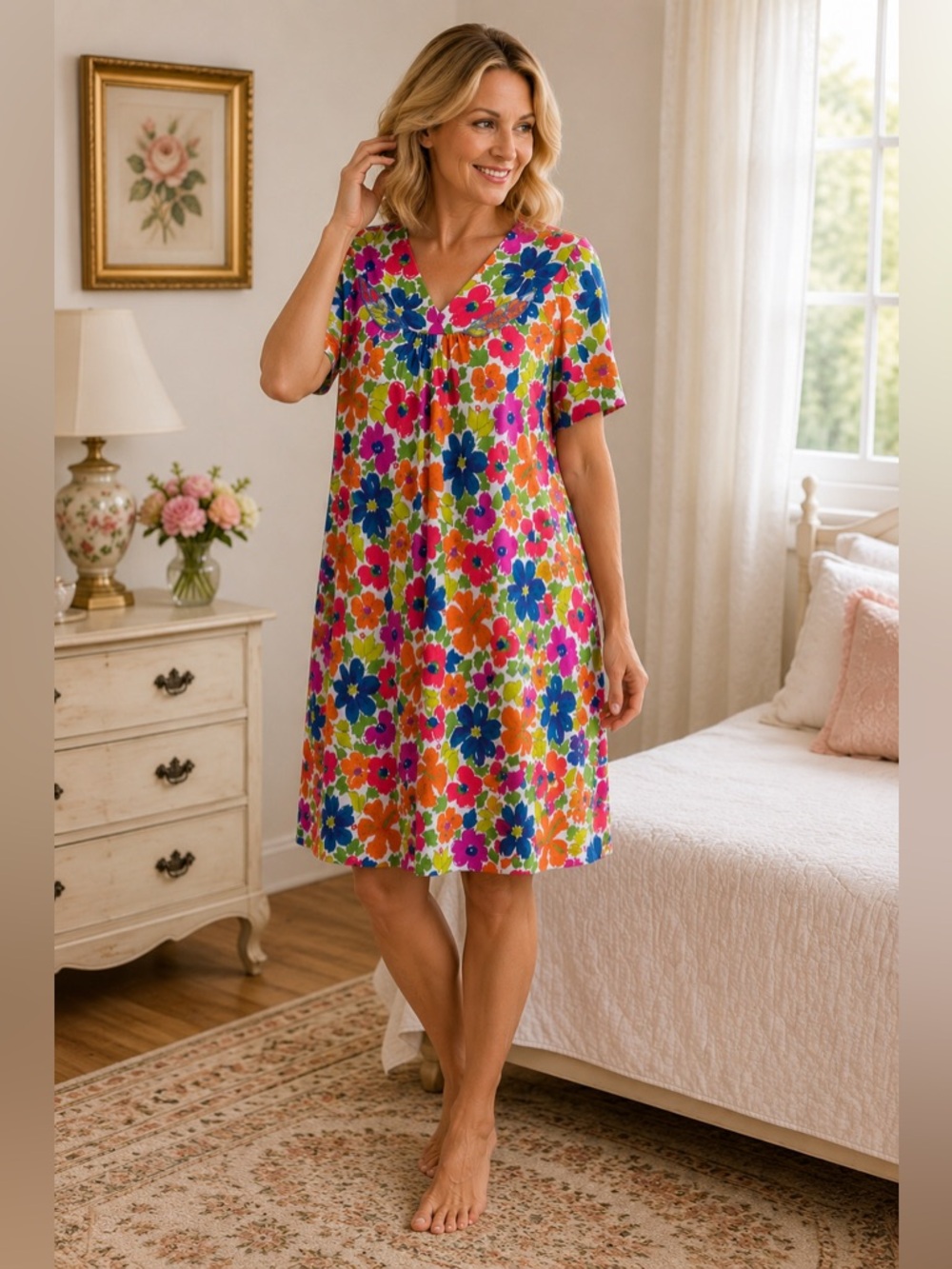 Vintage 80s/90s Vassarette Size L Floral Colorful Retro Nightgown Made in USA